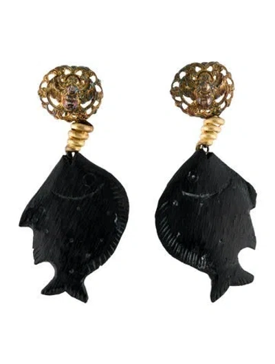 Pre-owned Stephen Dweck Wood Fish Drop Earrings In Multi