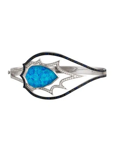 Pre-owned Stephen Webster 18k Diamond, Sapphire & Quartz Synthetic Opal Doublet Bangle Bracelet, 6.75" In Multicolor