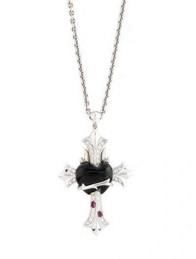 Pre-owned Stephen Webster 18k Onyx, Ruby & Diamond Bleeding Heart Cross Pendant Necklace, 19.75" In Multicolor
