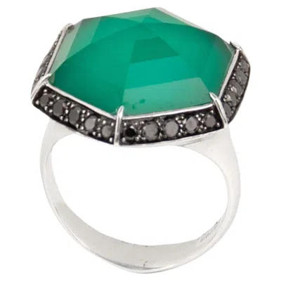 Pre-owned Stephen Webster 18k White Gold Black Diamonds & Green Quartz Ring