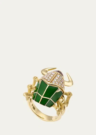 Stephen Webster 18k Yellow Gold Toro Beetle Diamond And Red Garnet Ring With Green Enamel