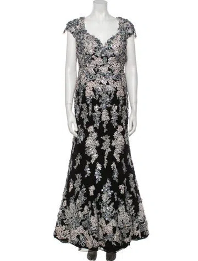 Pre-owned Stephen Yearick Floral Print Long Dress In Black