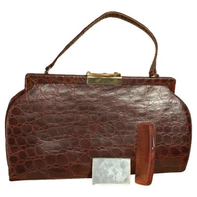 Pre-owned Sterling Brown Matte Alligator Top Handle Hourglass Purse With Comb And Mirror, 1950s