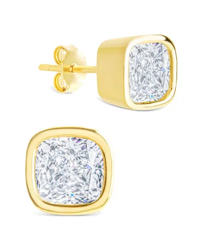 Sterling Forever 14k Over Silver Cz Cushion Cut Bezel Set Stud Earrings In Gold