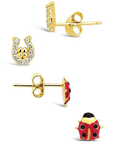 Sterling Forever 14k Over Silver Cz Set Of 2 Lucky Charm Studs