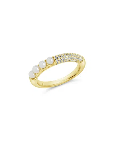 Sterling Forever 14k Plated 2-3mm Pearl Cz Evelyn Half-eternity Ring In Gold