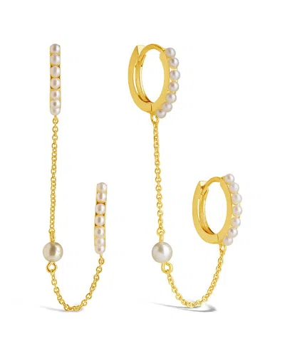 Sterling Forever 14k Plated 2-4mm Faux Pearl Zorina Double Micro Hoops In Gold