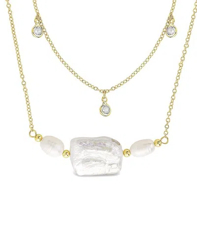 Sterling Forever 14k Plated 9-16mm Baroque Pearls Cz Layered Necklace