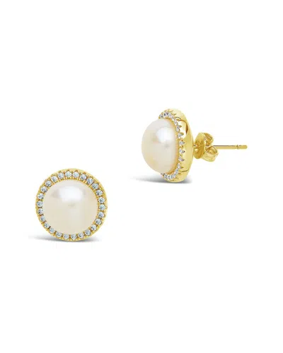 Sterling Forever 14k Plated 9mm Faux Pearl Cz Halo Studs