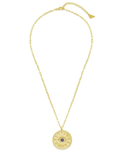 Sterling Forever 14k Plated Cz Evil Eye Sundial Coin Necklace In Gold
