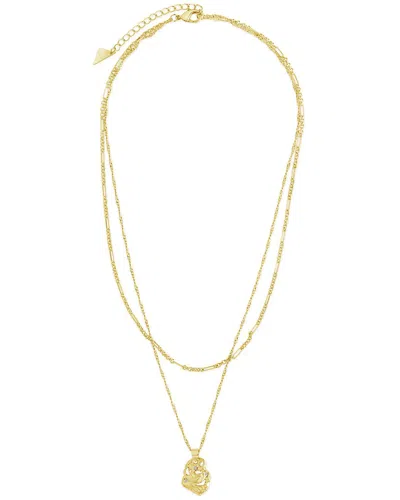 Sterling Forever 14k Plated Cz Roslyn Molten Metal Charm Layered Necklace In Gold