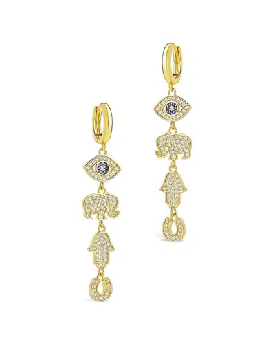 Sterling Forever 14k Plated Opal Cz Dangle Micro Hoops In Gold