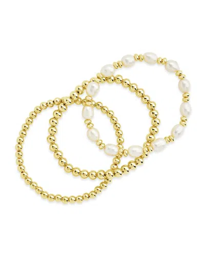 Sterling Forever 14k Plated Pearl Station Set Bracelet In Gold