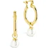 Sterling Forever 5-5.5mm Cultured Freshwater Pearl Dangle Hoop Earrings In Gold