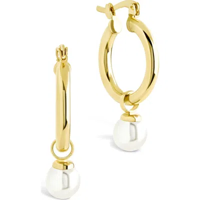Sterling Forever 5-5.5mm Cultured Freshwater Pearl Dangle Hoop Earrings In Gold