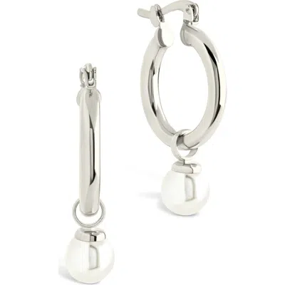 Sterling Forever 5-5.5mm Cultured Freshwater Pearl Dangle Hoop Earrings In Silver