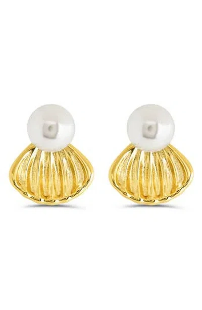 Sterling Forever Alice Faux Pearl Shell Stud Earrings In Gold