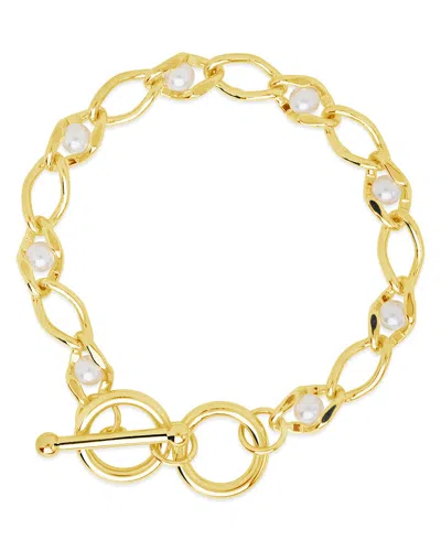 Sterling Forever Amedea Pearl & Chain Toggle Bracelet In Gold