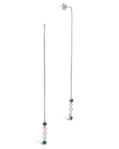 Sterling Forever Bali Turquoise & Pearl Charm Long Threader Earrings In Silver