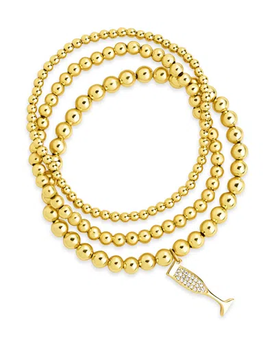 Sterling Forever Beaded Bracelet Set With Cz Champagne Flute Charm In Gold