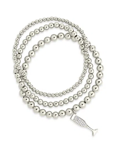 Sterling Forever Beaded Bracelet Set With Cz Champagne Flute Charm In Silver