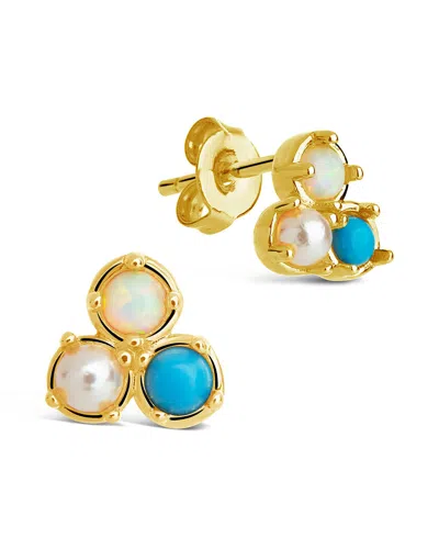 Sterling Forever Bermuda Opal, Pearl, & Turquoise Triple Stud Earrings In Gold