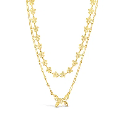 Sterling Forever Butterfly & Daisy Chain Layered Necklace In Gold