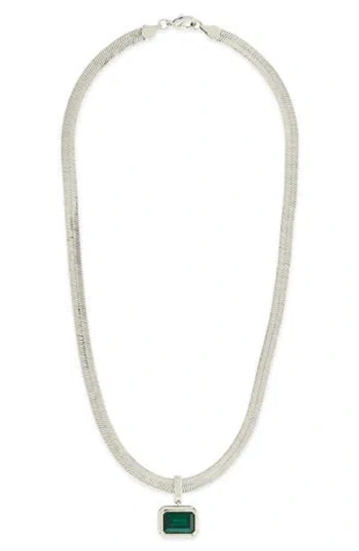 Sterling Forever Calder Cubic Zirconia Pendant Herringbone Chain Necklace In Silver