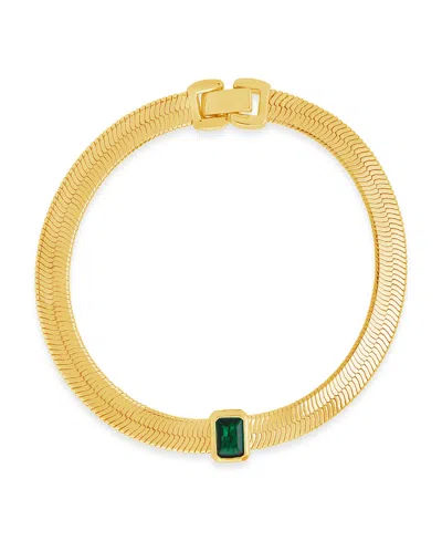 Sterling Forever Calder Station Cubic Zirconia Herringbone Chain Bracelet In Gold