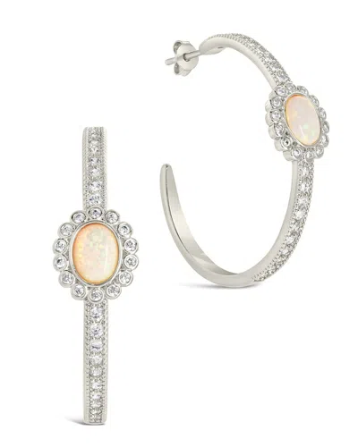 Sterling Forever Carina Cz Studded Opal Hoop Earrings In Silver