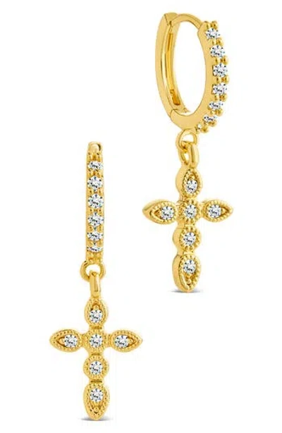 Sterling Forever Cross Drop Hoop Earrings In Gold