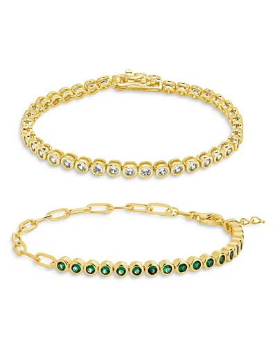 Sterling Forever Cubic Zirconia Bezel & Tennis Bracelets In 14k Gold Plated, Set Of 2