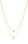 Sterling Forever 14k Plated Cz Layered Crescent & Star Necklace In Gold
