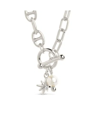 Sterling Forever Cubic Zirconia Genuine Shell Pearl Ava Toggle Necklace In Silver