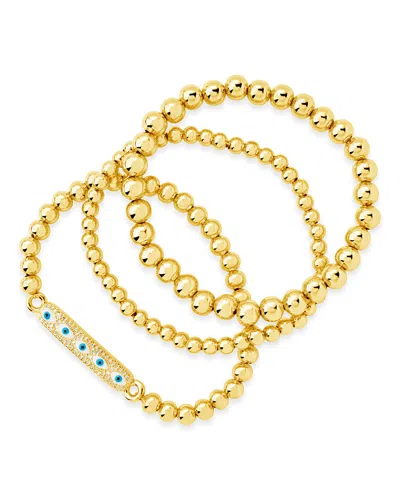 Sterling Forever Cz & Enamel Evil Eye Beaded Bracelet Set Of 3 In Gold