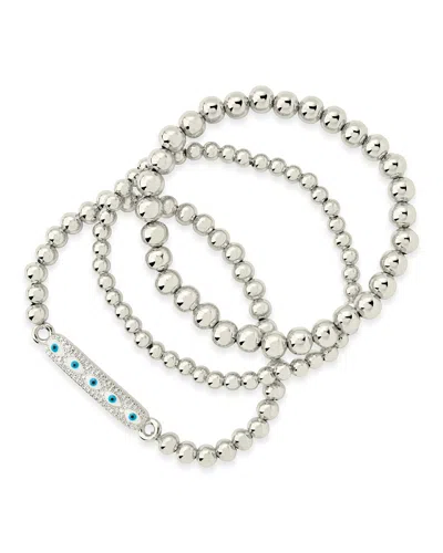 Sterling Forever Cz & Enamel Evil Eye Beaded Bracelet Set Of 3 In Silver