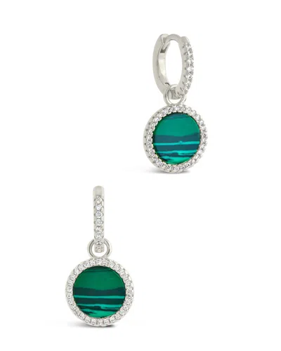Sterling Forever Cz & Malachite Disc Drop Micro Hoop Earrings In Silver