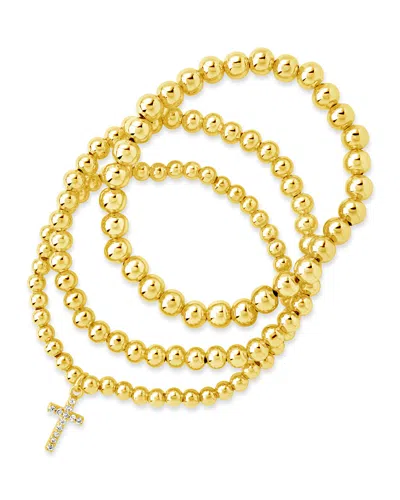 Sterling Forever Cz Cross Beaded Bracelet Set In Gold