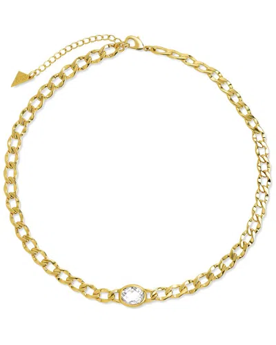 Sterling Forever Cz Rebel Station Curb Chain Choker Necklace In Gold