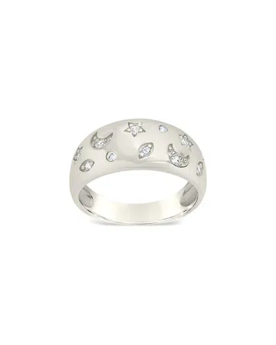 Sterling Forever Cz Star & Crescent Bezel Dome Band Ring In Metallic