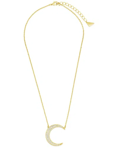 Sterling Forever Cz Stationed Crescent Pendant Necklace In Gold