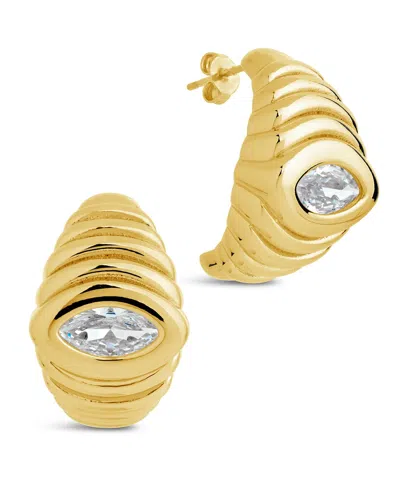 Sterling Forever Cz Studded Croissant Hoop Earrings In Gold