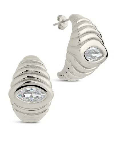 Sterling Forever Cz Studded Croissant Hoop Earrings In Silver