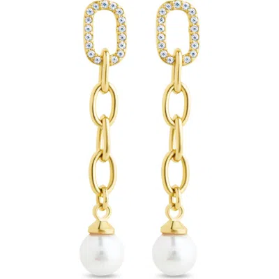 Sterling Forever Daphne Cubic Zirconia & Faux Pearl Chain Drop Earrings In Gold