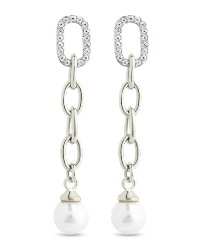 Sterling Forever Silver Cz Daphne Chain Drop Stud Earrings In Metallic