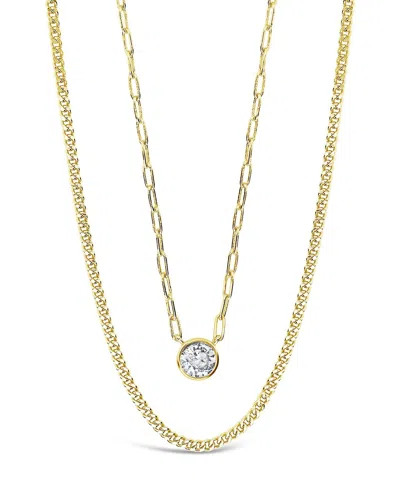 Sterling Forever Delicate Sterling Silver 2 Layer Chain Necklace With Bezel Cz Charm In Gold