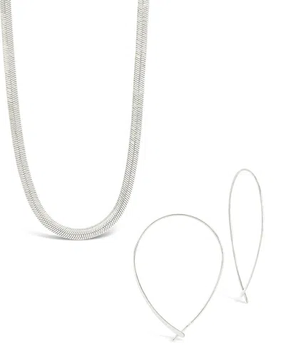 Sterling Forever Delicate Threader Hoop Earrings & Herringbone Chain Necklace Set In Metallic