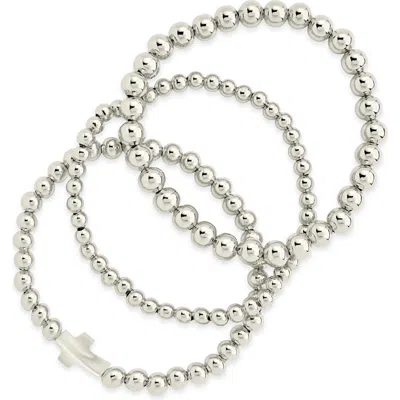 Sterling Forever Eden Set Of 3 Mother-of-pearl Cross Beaded Stretch Bracelets In Silver