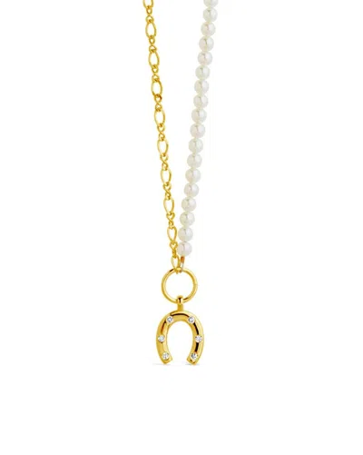 Sterling Forever Elva Pearl Cz Horsehoe Necklace In Gold