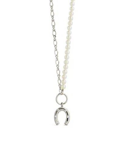 Sterling Forever Elva Pearl Cz Horsehoe Necklace In Silver